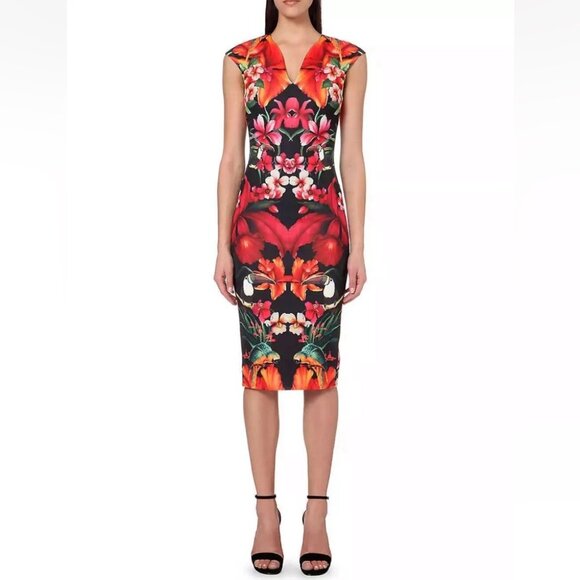 TED BAKER Bismii Toucan Print Multicolor Tropical Black Bodycon Midi Dress - Picture 1 of 14